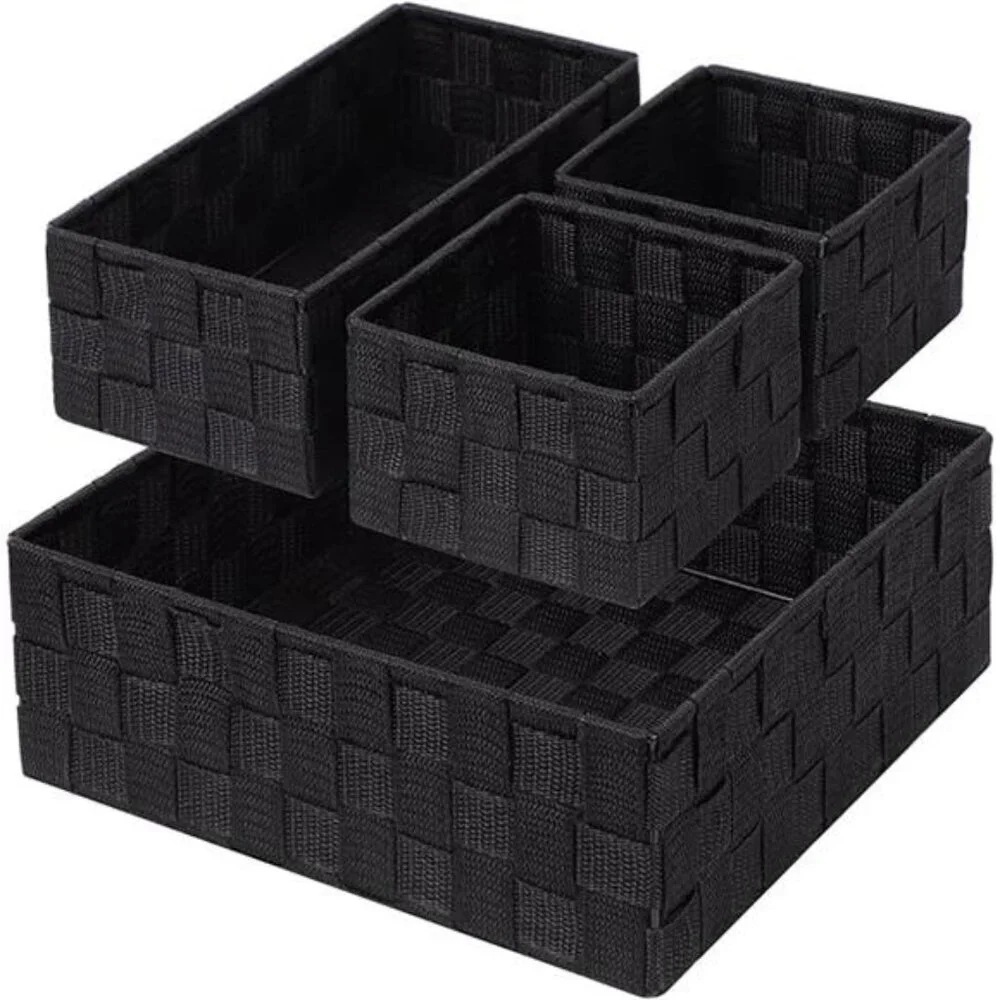 Woven Storage Baskets Set of 4 Black Organizer Bins for Drawer Closet Shelf